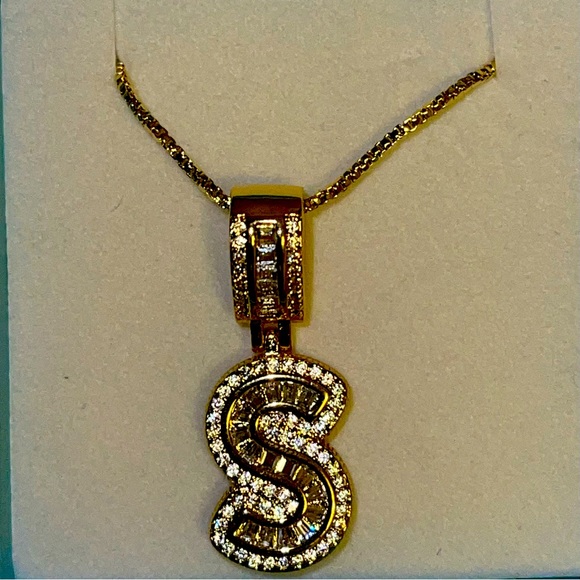 FASHION JEWELRY CHAIN STAINLESS STEEL LETTER S WITH ZIRCONIA MEDAL GOLD COLOR - Picture 6 of 13